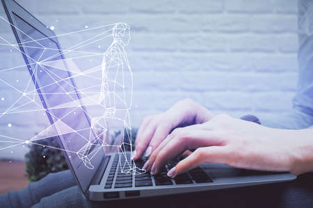 Double exposure of woman hands typing on computer and creative drawing. Start up concept.