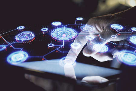 Double exposure of man's hands holding and using a phone and social network theme drawing.