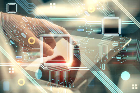 Multi exposure of man's hand holding and using a digital device and data theme drawing. Innovation concept.の写真素材