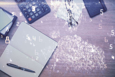 Double exposure of technology drawing and work table top veiw. Concept of hightech.