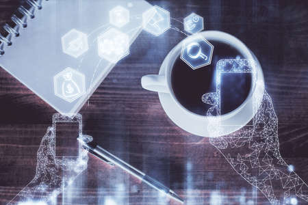 Double exposure of technology drawing and work table top veiw. Concept of hightech.の写真素材