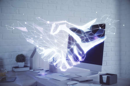 Multi exposure of handshake drawings and office interior background. Partnership concept.の写真素材