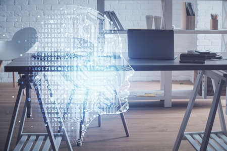 Multi exposure of brain drawing and office interior background. Concept of data technology.の写真素材