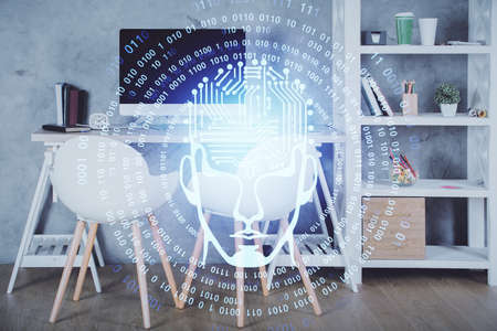 Multi exposure of brain drawing and office interior background. Concept of data technology.