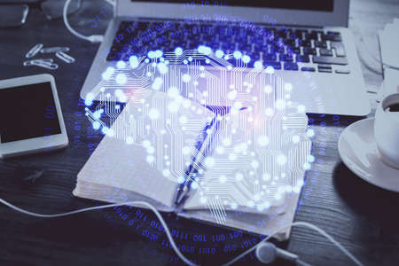 Multi exposure of brain drawings and desk with open notebook background. Concept of AI