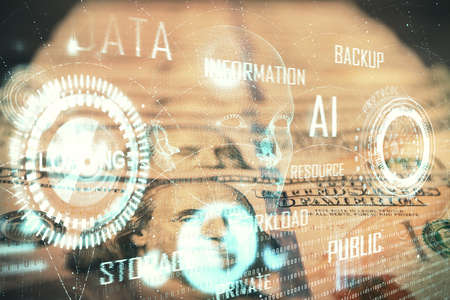 Double exposure of data theme drawing over us dollars bill background. Technology concept.の写真素材