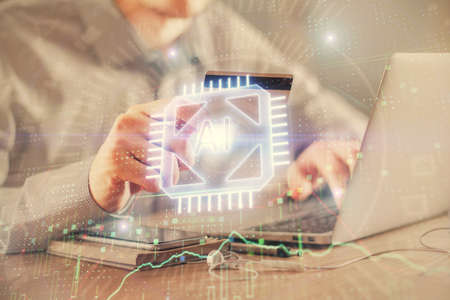 Double exposure of man hands holding a credit card and data theme drawing. E-commerce and technology...