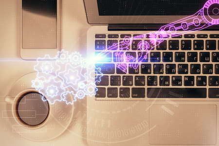 Multi exposure of data theme drawing hologram over topview work desk background with computer....