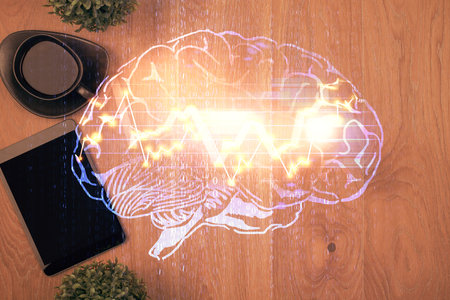 Multi exposure of brain drawing over work table desktop. Top view. Global data analysis concept.
