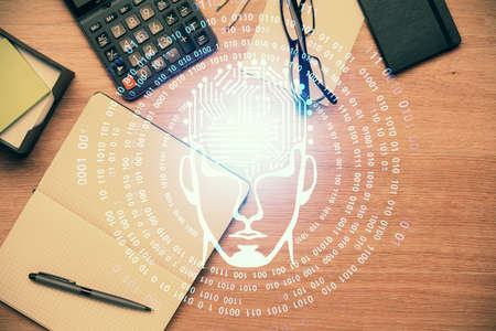 Double exposure of brain sketch and table top veiw. Concept of data analysis.の写真素材