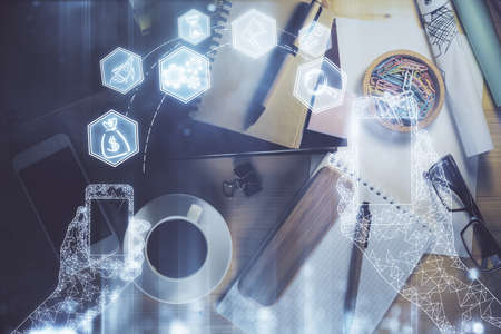 Double exposure of technology drawing and work table top veiw. Concept of hightech.の写真素材