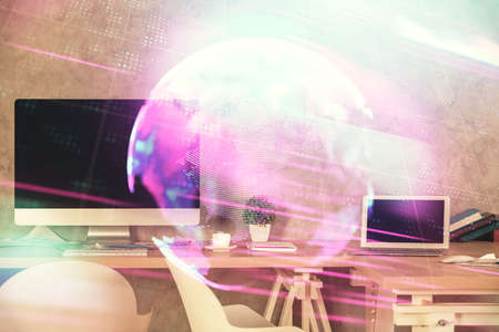 Double exposure of tech theme drawings and office interior background. Technology concept.