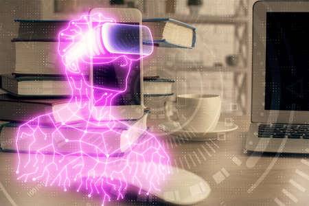 Double exposure of man wearing VR glasses drawing and mobile phone background. Concept of AR,...
