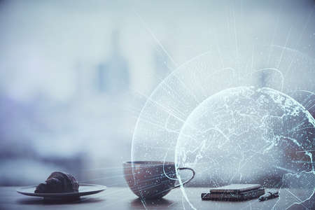 Double exposure of social network theme drawing hologram over coffee cup background in office. Concept people connection.の写真素材