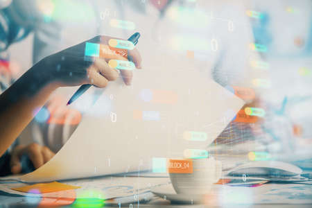 Double exposure of data theme sketch drawing over people writing background. Concept of technology