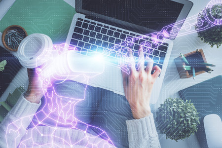 Double exposure of woman hands working on computer and man in ar glasses hologram drawing. Top View. Virtual reality concept.の写真素材