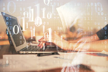 Multi exposure of woman hands working on computer and data theme hologram drawing. Tech concept.