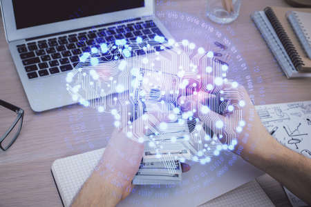 Multi exposure of brain drawing hologram and us dollars bills and man hands. Ai invest concept