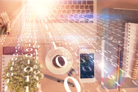 Double exposure of technology theme drawing over work table desktop. Top view. Global data analysis...