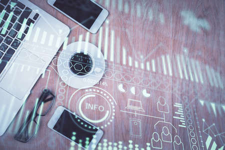 Multi exposure of technology theme drawing over table with phone. Top view. Concept of hightech.の写真素材