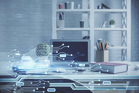 Double exposure of data theme drawing and office interior background. Concept of technology.