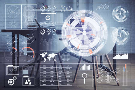 Multi exposure of data theme drawing and office interior background. Concept of technology.