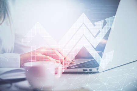 Double exposure of woman hands typing on computer and arrows drawing. Success concept.