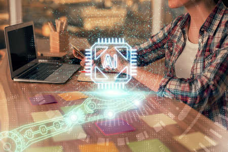 Multi exposure of woman hands working on computer and data theme hologram drawing. Tech concept.