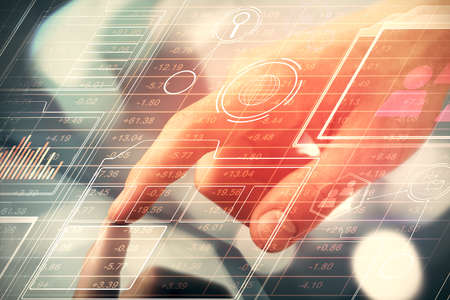 Multi exposure of man's hand holding and using a digital device and data theme drawing. Innovation...