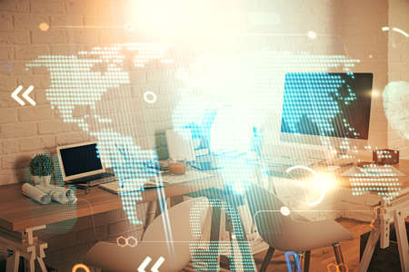 Multi exposure of world map drawing and office interior background. Concept of international...