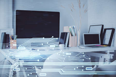 Double exposure of data theme drawing and office interior background. Concept of technology.