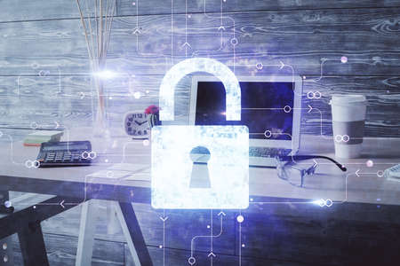 Multi exposure of lock drawing and office interior background. Concept of data security.