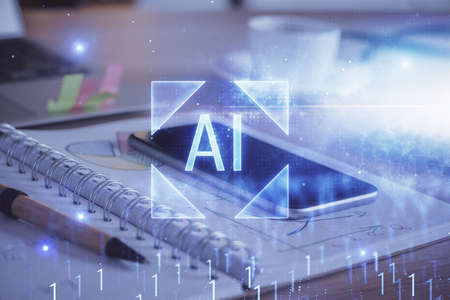 Double exposure of data theme drawing and mobile phone background. Concept of innovationの写真素材