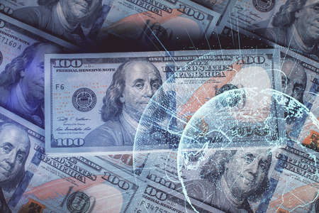 Multi exposure of social network drawing over us dollars bill background. Concept of people connection.の写真素材