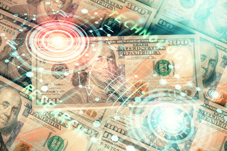 Double exposure of data theme drawing over us dollars bill background. Technology concept.の写真素材