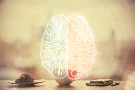Double exposure of Ai data brain drawing over coffee cup background.