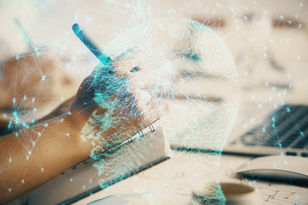 Double exposure of brain drawing over people taking notes background. Concept of Aiの写真素材