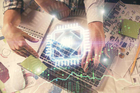Double exposure of man and woman working together and data theme hologram drawing. Computer...