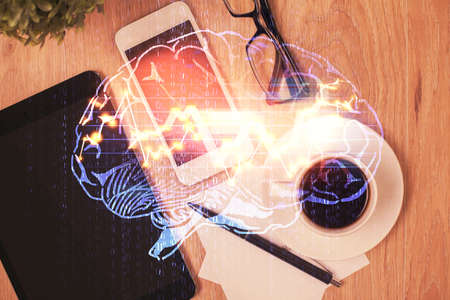 Multi exposure of brain drawing over work table desktop. Top view. Global data analysis concept.