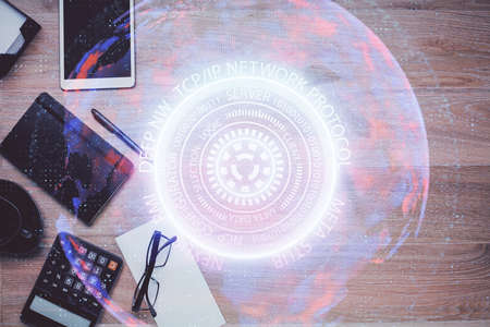 Double exposure of technology drawing and work table top veiw. Concept of hightech.