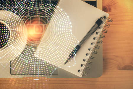Double exposure of brain sketch and table top veiw. Concept of data analysis.