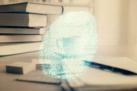 Double exposure of fingerprint drawing and desktop with coffee and items on table background. Concept of security.の写真素材