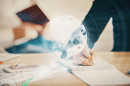 Double exposure of map drawing over people taking notes background. Concept of international...