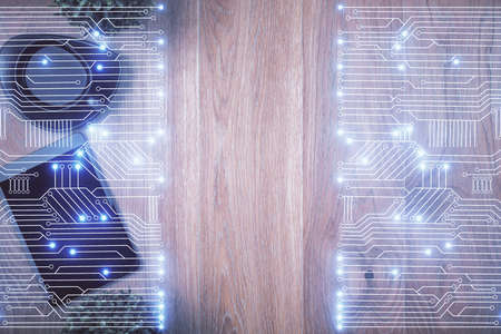 Multi exposure of technology theme drawing over table with phone. Top view. Concept of hightech.