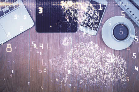 Multi exposure of technology theme drawing over table with phone. Top view. Concept of hightech.の写真素材
