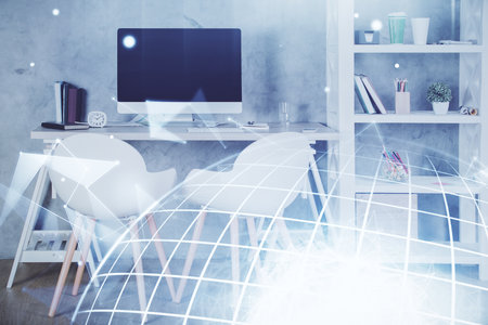 Multi exposure of world map drawing and office interior background. Concept of international network.の写真素材