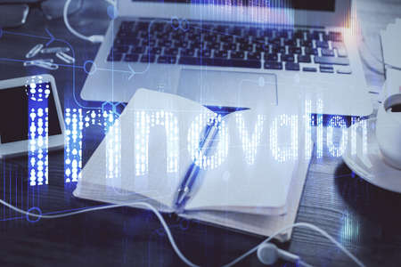 Multi exposure of data theme drawings and desk with open notebook background. Concept of education