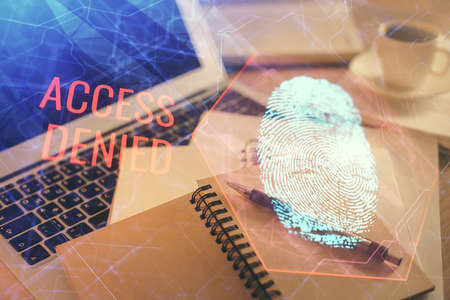 Double exposure of fingerprint drawing and desktop with coffee and items on table background....