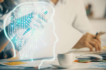 Double exposure of brain drawing over people taking notes background. Concept of Aiの写真素材