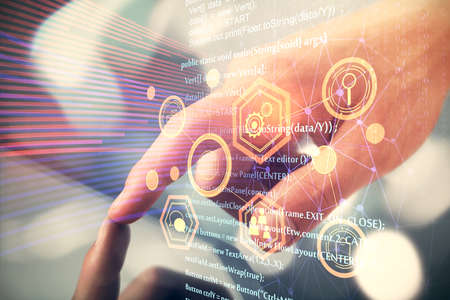 Multi exposure of man's hand holding and using a digital device and data theme drawing. Innovation...